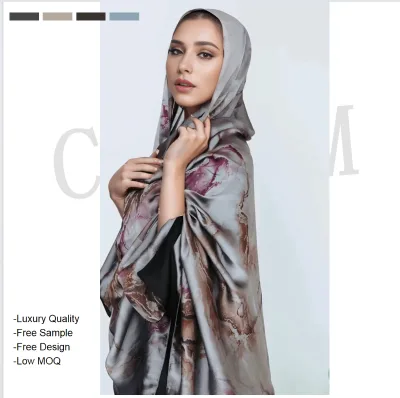 Premium Ombre Marble Water Print Satin Hijab Scarves Printed Brimming Chiffon Silk Muslim Shawl