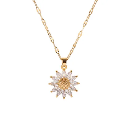 Luxury Stainless Steel Sunflower Necklace Pretty Gold Plated Sun Flower Pendant Gift Necklace for Girls and Women