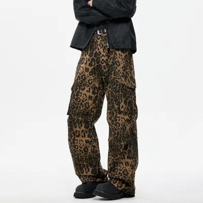 Unisex High Quality Denim Pants Custom Streetwear Long Touser Wid Leg Leopard Print Baggy Wide-Leg Cargo Pants for Men Hip Hop