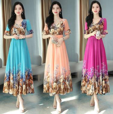 Long Dresses Floral Print Chiffon Casual Popular Fashion Maxi Dress