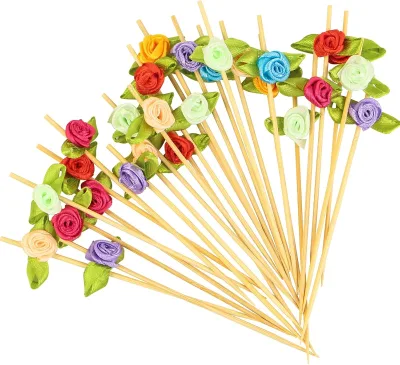 Hot Sale Handmade Bamboo Cocktail Picks Fancy Colorful Rose Picks Fruit Cocktail Pick for Wedding