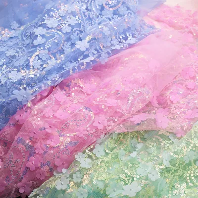 New Mesh 3D Laser Plum Blossom Hook Pattern Bead Embroidery Lace Embroidered Fabric for Children's Clothing