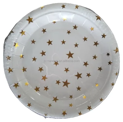 10pcs/Pack Luxury Gold Star Printed Disposable Paper Plates Round Shape for Parties Dinners Birthdays
