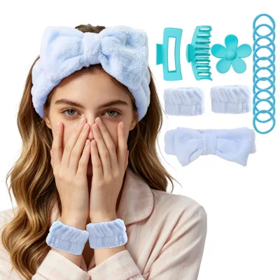 women elastic Headband Set with hair clip for daily use,Spa Headband with Wristbands, Hair Claw Clips & Hair Ties set