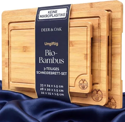 Wooden Chopping Board Set of 3 Pre-Oiled Bamboo Chopping Board with Handle and Juice Groove, Kitchen Board
