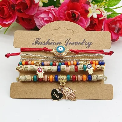 JC Wholesale Women Multi Layers Evil Eye Bead Bracelet Adjustable Beaded Blue Eye Charm Bracelets Sets
