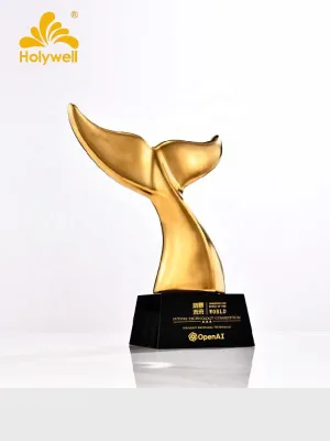 Holywell 2026 Spring Modern High Gold Resin Crafts Whale Tail Trophy Shaped UV Printed Figurine Crystal Base Innovation Souvenir