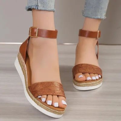 Comfortable Trendy Women High Heel Wedge Shiny Snake Skin Sandals Open Toe Beach Wedge Slides Slippers for Women