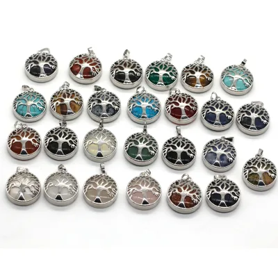 2024 Natural Stone Pendants 25mm Opal Pendant Tree of Life Crystal Pendant Necklace Crystal Stone