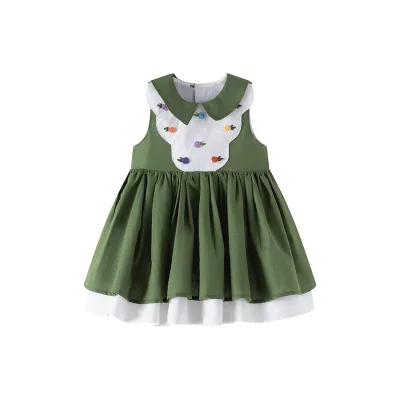 New Design Girls Green Embroidery Dress Cotton Linen Blend Square Neck Puff Sleeve Casual Frock