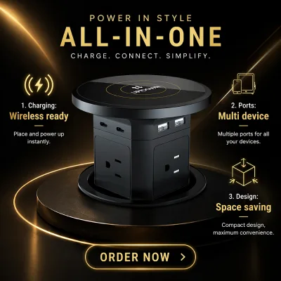 ETL Certified 9 in 1 Pop up Countertop Socket 2500W 4 AC Outlets 2 USB a 2 USB C Wireless Charging Overload Protection 100-240V