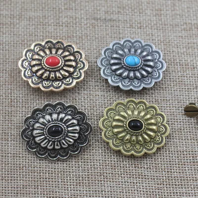 High Quality Alloy Metal Flower Turquoise Conchos New Design Oval Shape Women's Leather Wallet Garment Clothing Bags Belt Logo