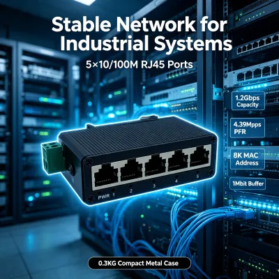 5 Port Fast Ethernet Industrial Switch DIN Rail Type Unmanaged Network Switch 8K MAC Address for CCTV Monitoring Project
