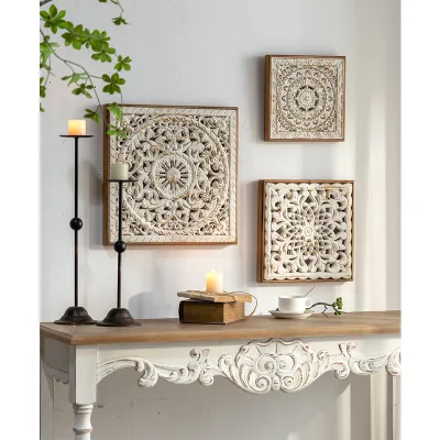 Boho Retro Style Carve Wall Panel Square Wooden Living Room Bedroom TV Background Decoration Factory Interior Decoration