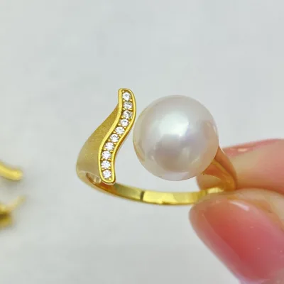 High Quality Rhodium Plated White Pearl Jewelry Summer 925 Sterling Silver Zircon 7-8mm Round AA+ Freshwater Pearl Ring
