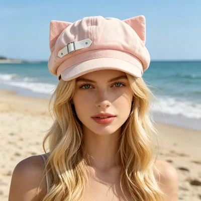 Japanese-Style Y2K Cat-Ear Beret Women Denim Casual 2D Subculture-Inspired Sweet Edgy Soft Cute Octagonal Cap