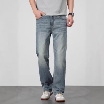 Mens Light- Dark-blue Casual Loose-fit Mid-waist Stonewashed Straight-leg Denim Jeans Polyester-cotton Blendeco-friendly