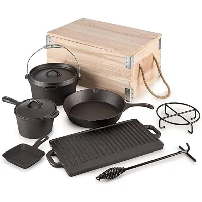 Outdoor Utensil Kit Hiking Non Stick Cast Iron Cooking Pots and Pans 7pcs Camping Cookware Set