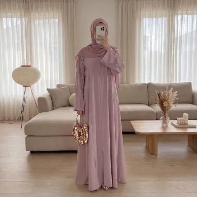 Solid Color Linen Blend Fabric v Neck Button Closure Crystal Decoration Classic Dubai Normal Abaya