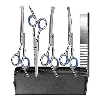 Dog Grooming Scissors Set with Safety Round Tip Titanium Coated Curved Thinning and Straight Pet Grooming Scissors Kit
