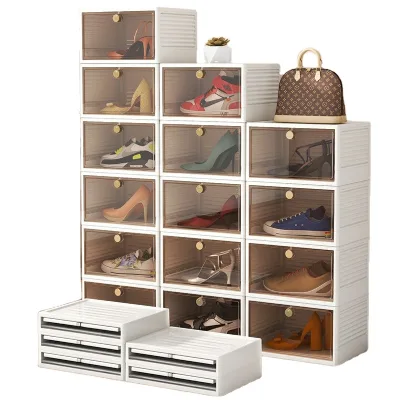 Collapsible Stackable Plastic Shoe Boxes with Lids Transparent Display Organizer Bin for Shoe Storage and Organization
