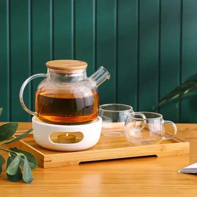 High-Value New Chinese Cold Kettle Glass Teapot with Bamboo Lid High Temperature Resistant Household Cooking Floral Design