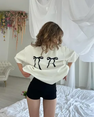 Summer Y2K Spicy Girl Fashion Bow Short Sleeved T-shirt for Women Loose Fit White Knitted Shirts Casual Style