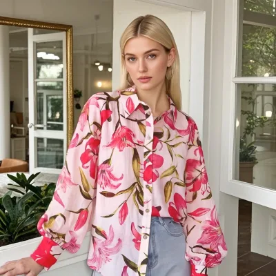 2025 New Women's Casual Floral Leaf Print Large Sleeve Shirt Summer Woven Button Puff Cuffs Collar Loose for Daily Outfits