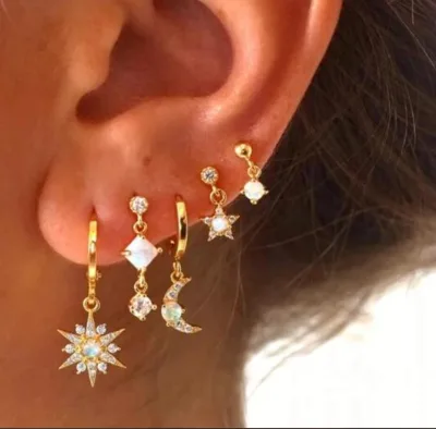New Trend 925 Sterling Silver Colorful Opal Zircons Single Stud Earrings Star Sun Moon for Women 18K Gold Plated Jewelry