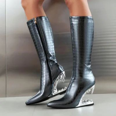 Womens Knee High Boots Microfiber Leather Crocodile Embossed Pointed Toe Fashion Footwear for All Season Style for Modern Women
