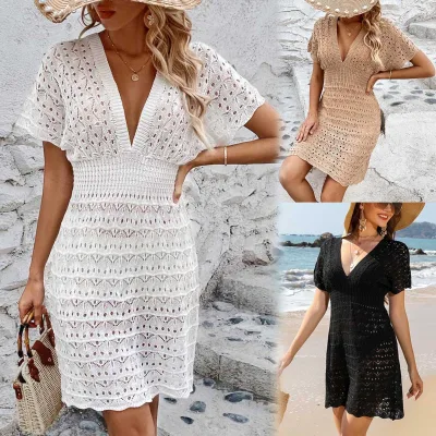New Deep V-neck Beach Skirt Corrugated Hollow Beach Skirt Elastic Waist Hot Selling Beach Cover-up Women's Dress