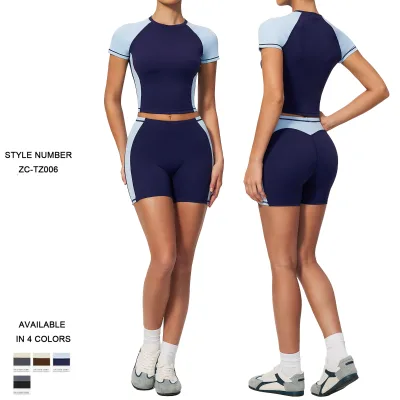 New Summer Women's Color-blocked Shorts Two-piece Yoga Workout Set, Moisture-wicking and Suitable for Pilates and Fitness