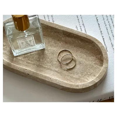 Customized Natural Stone Oval Beige Travertine Serving Tray Accessories Plate in Bathroom