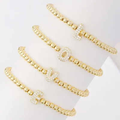 Personalized 26 Letter Charm Bracelet 4mm Brass Beads Zircon 18K Gold Plated A~Z Initials Bracelet for Women's Party Jewelry