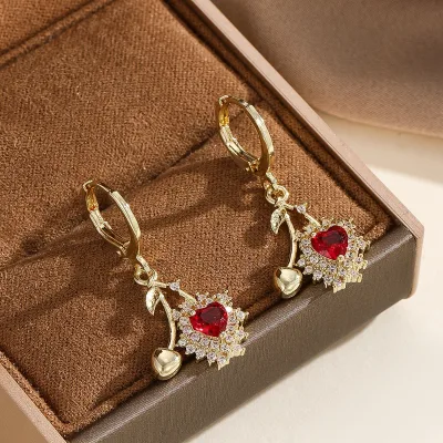 Hot-Selling for New Brass & Zircon Heart Cherry Drop Earrings Fresh Cute Versatile Jewelry