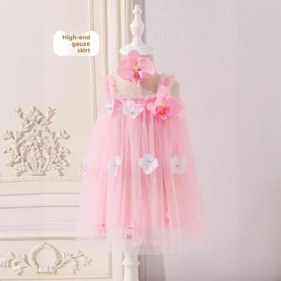 Boutique Baby Girls Summer A-line Eco-friendly Knee-Length Soft Breathable Vest Lace Casual Strap Gauze Dress Floral O-Neck