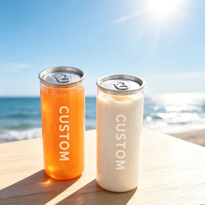Customizable clear PET Cans with Aluminum Lids, 210ml-1000ml Containers for Juice, Bubble Tea & Cold Drinks with Custom Logo.