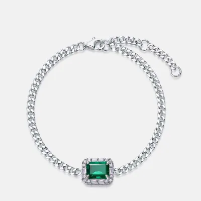 Women Trendy S925 Sterling Silver Emerald Cut Lab Grown Emerald Link Bracelet
