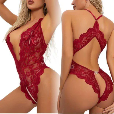 Fashion Bodysuits for Women Plus Size Sexy Lace Backless Halter Jumpsuit Deep V Tempting love Diamond Transparent Lingerie