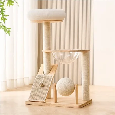 Multi Layer Solid Wood Cat Tree Tower with Scratching Post Bed Scratcher Board Sisal Hemp Ball Space Capsule for Indoor Cats