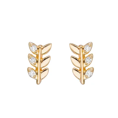 925 Sterling Silver 14K Gold Plated Cz Zircon Strip Short Light Luxury Leaf Design Earrings