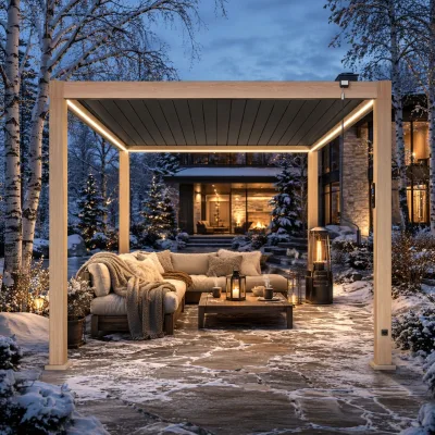 All Weather Hand Operated Wood Grain Louver Pergola Ambient LED Light Tiny Resort Courtyard Shelter
