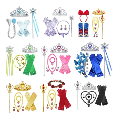 Fancy Dress up Accessories Elsa Anna Rapunzel Snow White Aurora Belle Princess Crown Magic Wand Necklace Earrings Jewelry Set