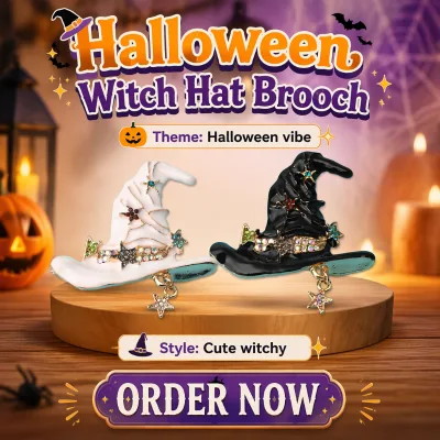 Halloween Theme Gothic Vintage Black Enamel Witch Hat Brooch with Stars Accent, Halloween Festival Costume Pin
