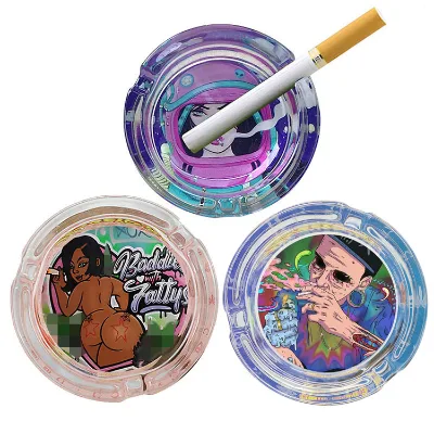 Wholesale New Design Hot Sale Unique Style Tabacoo Herb Ash Trays Popular Design Print Cigar Tobacco Holder Round Glass Ashtray