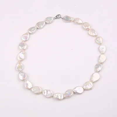 Silver Color Plated Fashion Jewelry Natural Freshwater Pearl Necklace with Zinc Alloy Teardrop White 14x16mm Approx 40cm 1784307