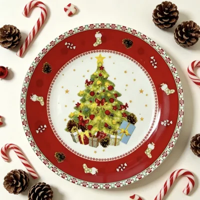 Custom Christmas Patterns Under Glazed Porcelain Dinner Plate Microwave Safe Ceramic Plate for Restaurant
