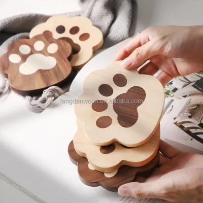 Manufactured Factory Direct Eco-Friendly Handmade Customizable Non-slip Heat-resistant Cute Animal Paw Wooden Coaster