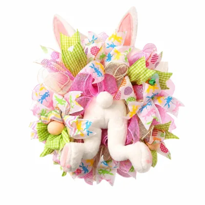 Faux Easter Wreath Plush Bunny Diving Rabbit Wreath Deco Mesh Ribbons Pastel Spring Door Hanging Decor for Home Wall Party