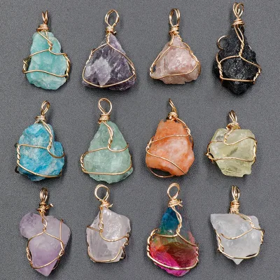 Wholesale Natural Crystal Irregular Stone Necklace Wire Winding Pendant Raw Gemstone Rough Crystal Charms Pendant